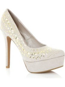 Cream Triangle Stud Platform Court Heels - predominant colour: ivory; occasions: evening, occasion; material: faux leather; embellishment: studs; heel: platform; toe: round toe; style: courts; finish: plain; pattern: plain; heel height: very high