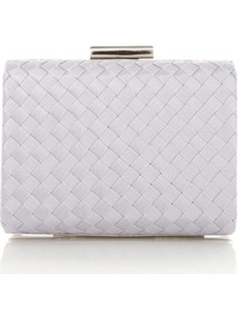 Silver Sateen Weave Box Clutch - predominant colour: white; occasions: evening, occasion, holiday; type of pattern: small; style: clutch; length: hand carry; size: small; material: faux leather; pattern: plain; finish: plain