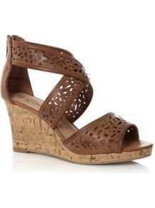 Tan Laser Cut Cross Over Wedge Sandals - predominant colour: chocolate brown; secondary colour: camel; occasions: casual, evening, work, holiday; material: faux leather; heel height: high; embellishment: zips; ankle detail: ankle strap; heel: wedge; toe: open toe/peeptoe; style: strappy; finish: plain; pattern: plain
