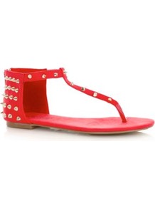 Coral Stud Ankle Strap Sandals - predominant colour: coral; secondary colour: gold; occasions: casual, evening, work, holiday; material: faux leather; heel height: flat; embellishment: studs; ankle detail: ankle strap; heel: block; toe: toe thongs; style: flip flops / toe post; trends: metallics; finish: plain; pattern: plain