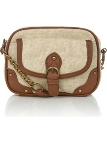 Beige And Brown Canvas Buckle Across Body Bag - predominant colour: tan; secondary colour: stone; occasions: casual, holiday; type of pattern: standard; style: shoulder; length: across body/long; size: small; material: fabric; finish: plain; pattern: colourblock; embellishment: chain/metal