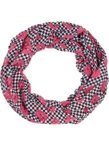 Navy Check Lips Print Snood - predominant colour: pink; secondary colour: navy; occasions: casual, work, holiday; type of pattern: heavy; style: snood; size: standard; material: fabric; trends: modern geometrics; pattern: patterned/print