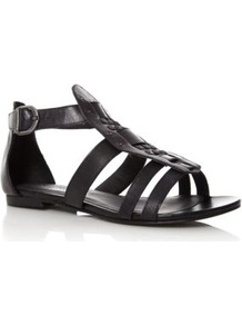 Black Gladiator Sandals - predominant colour: black; occasions: casual, work, holiday; material: faux leather; heel height: flat; embellishment: buckles; ankle detail: ankle strap; heel: block; toe: open toe/peeptoe; style: gladiators; finish: plain; pattern: plain