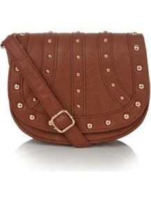 Tan Stud Panel Across Body Bag - predominant colour: tan; occasions: casual, work, holiday; type of pattern: small; style: saddle; length: across body/long; size: standard; material: faux leather; embellishment: studs; pattern: plain; finish: plain