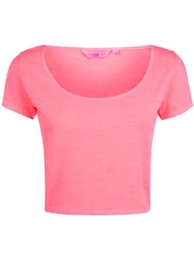 Bright Pink Crop T Shirt - pattern: plain; length: cropped; style: t-shirt; predominant colour: pink; occasions: casual, holiday; neckline: scoop; fibres: cotton - 100%; fit: tight; sleeve length: short sleeve; sleeve style: standard; pattern type: fabric; texture group: jersey - stretchy/drapey