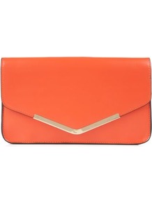 Orange Metal Tip Structured Envelope Clutch - predominant colour: bright orange; occasions: evening, occasion, holiday; type of pattern: standard; style: clutch; length: hand carry; size: standard; material: faux leather; pattern: plain; finish: plain; embellishment: chain/metal