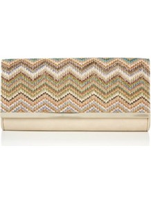 Stone Green And Blue Raffia Zigzag Clutch - secondary colour: blush; occasions: casual, evening, occasion, holiday; predominant colour: multicoloured; type of pattern: standard; style: clutch; length: hand carry; size: small; material: macrame/raffia/straw; finish: plain; pattern: horizontal stripes