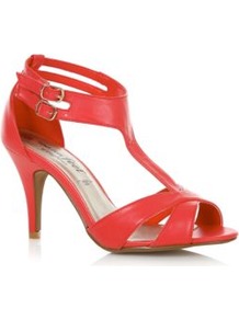 Wide Fit Coral Double Ankle Strap Heels - predominant colour: coral; occasions: casual, evening, occasion, holiday; material: faux leather; heel height: mid; embellishment: buckles; ankle detail: ankle strap; heel: standard; toe: open toe/peeptoe; style: strappy; trends: fluorescent; finish: plain; pattern: plain