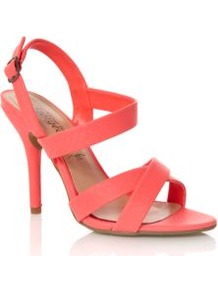Bright Orange Strappy Snake Heel Sandals - predominant colour: bright orange; occasions: evening, occasion, holiday; material: faux leather; heel height: high; ankle detail: ankle strap; heel: stiletto; toe: open toe/peeptoe; style: strappy; trends: fluorescent; finish: plain; pattern: plain