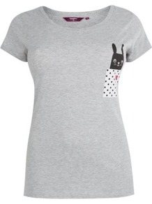 Inspire Grey Polka Dot Rabbit Pocket T Shirt - pattern: plain; style: t-shirt; predominant colour: light grey; secondary colour: black; occasions: casual; length: standard; fibres: cotton - mix; fit: body skimming; neckline: crew; bust detail: contrast pattern/fabric/detail at bust; sleeve length: short sleeve; sleeve style: standard; texture group: cotton feel fabrics; pattern type: fabric; pattern size: light/subtle