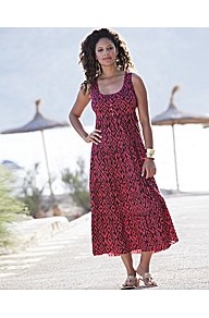 Petite Print Jersey Dress 47 Inches - sleeve style: wide vest straps; fit: empire; style: maxi dress; length: ankle length; bust detail: buttons at bust (in middle at breastbone)/zip detail at bust; predominant colour: true red; secondary colour: black; occasions: casual, holiday; neckline: scoop; fibres: polyester/polyamide - mix; sleeve length: sleeveless; pattern type: fabric; pattern size: big & busy; pattern: patterned/print; texture group: jersey - stretchy/drapey