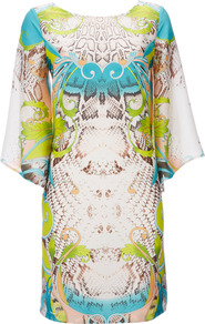 Green Animal Print Dress - style: shift; neckline: round neck; sleeve style: angel/waterfall; secondary colour: lime; occasions: evening, occasion; length: just above the knee; fit: straight cut; fibres: polyester/polyamide - 100%; predominant colour: multicoloured; sleeve length: 3/4 length; texture group: silky - light; trends: statement prints; pattern type: fabric; pattern size: big & busy; pattern: patterned/print