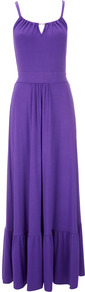 Purple Maxi Dress - sleeve style: spaghetti straps; pattern: plain; style: maxi dress; waist detail: twist front waist detail/nipped in at waist on one side/soft pleats/draping/ruching/gathering waist detail; bust detail: ruching/gathering/draping/layers/pintuck pleats at bust; predominant colour: purple; occasions: casual, holiday; length: floor length; fit: fitted at waist & bust; neckline: peep hole neckline; fibres: viscose/rayon - stretch; sleeve length: sleeveless; hip detail: ruffles/tiers/tie detail at hip; pattern type: fabric; texture group: jersey - stretchy/drapey; embellishment: beading