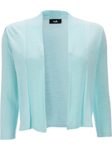 Mint Shrug - pattern: plain; neckline: collarless open; style: open front; predominant colour: turquoise; occasions: casual; length: standard; fibres: cotton - 100%; fit: slim fit; sleeve length: 3/4 length; sleeve style: standard