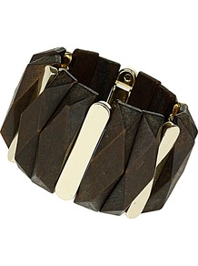 Brown Wooden Stretch Bracelet - predominant colour: chocolate brown; secondary colour: gold; occasions: casual, work, holiday; style: cuff; size: standard; finish: plain; embellishment: chain/metal; material: wood