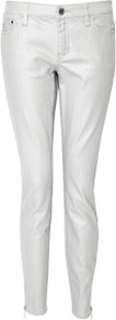 Silver Metallic Foil Skinny Jeans - style: skinny leg; length: standard; pattern: plain; pocket detail: traditional 5 pocket; waist: mid/regular rise; predominant colour: silver; occasions: casual, evening, holiday; fibres: cotton - stretch; texture group: denim; trends: metallics; pattern type: fabric