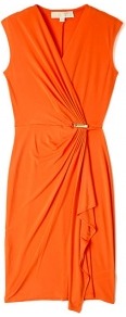 Mandarin Cap Sleeve Wrap Dress - style: faux wrap/wrap; neckline: v-neck; pattern: plain; sleeve style: sleeveless; waist detail: twist front waist detail/nipped in at waist on one side/soft pleats/draping/ruching/gathering waist detail; bust detail: ruching/gathering/draping/layers/pintuck pleats at bust; predominant colour: bright orange; occasions: evening, occasion; length: just above the knee; fit: body skimming; fibres: polyester/polyamide - stretch; sleeve length: sleeveless; trends: fluorescent; hip detail: ruffles/tiers/tie detail at hip; pattern type: fabric; texture group: jersey - stretchy/drapey