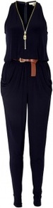 Navy Mj Sleeveless Zip Front Jumpsuit Michael Michael Kor - neckline: v-neck; fit: fitted at waist; pattern: plain; sleeve style: sleeveless; waist detail: belted waist/tie at waist/drawstring; predominant colour: black; occasions: casual, evening; length: ankle length; fibres: polyester/polyamide - stretch; sleeve length: sleeveless; style: jumpsuit; pattern type: fabric; texture group: other - light to midweight