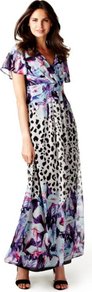 Per Una Floral & Animal Print Maxi Dress - neckline: v-neck; sleeve style: angel/waterfall; fit: empire; style: maxi dress; length: ankle length; occasions: evening, holiday; fibres: polyester/polyamide - 100%; hip detail: soft pleats at hip/draping at hip/flared at hip; predominant colour: multicoloured; sleeve length: short sleeve; texture group: sheer fabrics/chiffon/organza etc.; pattern type: fabric; pattern size: big & busy; pattern: animal print