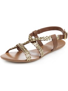 Leather Crossover Plaited Sandals - secondary colour: tan; predominant colour: gold; material: leather; heel height: flat; heel: standard; toe: open toe/peeptoe; style: strappy; occasions: holiday; finish: metallic; pattern: paisley