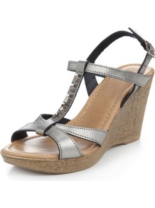 Leather Diamanté T Bar Wedge Sandals - predominant colour: charcoal; material: leather; heel height: high; embellishment: jewels; heel: wedge; toe: open toe/peeptoe; style: strappy; occasions: holiday; finish: metallic; pattern: plain