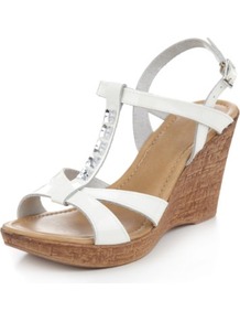 Leather Diamanté T Bar Wedge Sandals - predominant colour: white; material: leather; heel height: high; embellishment: jewels; heel: wedge; toe: open toe/peeptoe; style: strappy; occasions: holiday; finish: metallic; pattern: plain