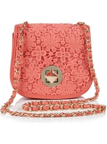 Coral Crochet Across Body Bag - predominant colour: coral; occasions: casual, holiday; type of pattern: light; style: saddle; length: across body/long; size: small; material: lace; pattern: plain; finish: plain; embellishment: chain/metal