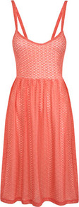 Geo Lace Smock Pinny Dress - length: below the knee; sleeve style: spaghetti straps; pattern: plain; waist detail: twist front waist detail/nipped in at waist on one side/soft pleats/draping/ruching/gathering waist detail; predominant colour: coral; occasions: casual, holiday; fit: fitted at waist & bust; style: slip dress; neckline: scoop; fibres: polyester/polyamide - stretch; hip detail: soft pleats at hip/draping at hip/flared at hip; back detail: crossover; sleeve length: sleeveless; texture group: lace; pattern type: fabric; embellishment: lace