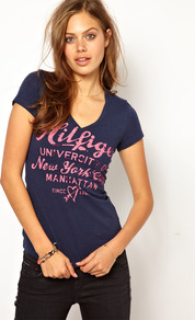 Hilfiger Denim V Neck T Shirt - neckline: v-neck; sleeve style: capped; style: t-shirt; secondary colour: pink; predominant colour: navy; occasions: casual, holiday; length: standard; fibres: cotton - 100%; fit: body skimming; bust detail: contrast pattern/fabric/detail at bust; sleeve length: short sleeve; pattern type: fabric; pattern size: standard; pattern: patterned/print; texture group: suede
