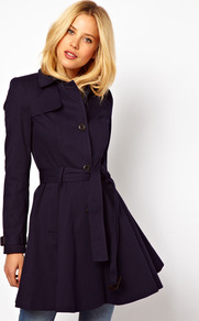 Skater Mac With Belt - pattern: plain; hip detail: side pockets at hip; style: mac; length: mid thigh; predominant colour: navy; occasions: casual, work; fit: tailored/fitted; fibres: cotton - stretch; collar: shirt collar/peter pan/zip with opening; waist detail: belted waist/tie at waist/drawstring; back detail: back vent/flap at back; sleeve length: long sleeve; sleeve style: standard; texture group: cotton feel fabrics; collar break: high; pattern type: fabric; pattern size: standard