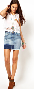 Patch Denim Skirt - length: mid thigh; pattern: plain; style: pencil; fit: tailored/fitted; hip detail: front pockets at hip; waist: mid/regular rise; predominant colour: denim; occasions: casual, holiday; fibres: cotton - 100%; texture group: denim; pattern type: fabric
