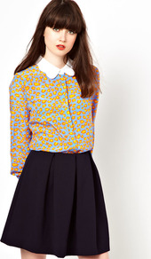 Small Leopard Print Silk Blouse With Cotton Collar - neckline: shirt collar/peter pan/zip with opening; style: shirt; predominant colour: pale blue; secondary colour: bright orange; occasions: casual, work; length: standard; fit: straight cut; sleeve length: long sleeve; sleeve style: standard; texture group: crepes; pattern type: fabric; pattern size: standard; pattern: animal print; fibres: cashmere - stretch
