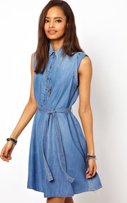 Denim Shirt Dress - style: shirt; length: mid thigh; neckline: shirt collar/peter pan/zip with opening; pattern: plain; sleeve style: sleeveless; waist detail: belted waist/tie at waist/drawstring; predominant colour: denim; occasions: casual, holiday; fit: soft a-line; sleeve length: sleeveless; texture group: denim; pattern type: fabric; fibres: viscose/rayon - mix