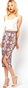 Skirt In Abstract Print With Fluro Binding - length: calf length; style: pencil; fit: tailored/fitted; waist: high rise; secondary colour: bright orange; occasions: evening, occasion; fibres: viscose/rayon - 100%; predominant colour: multicoloured; trends: statement prints, fluorescent; pattern type: fabric; pattern size: big & busy; pattern: patterned/print; texture group: woven light midweight