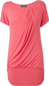 Alice Knot Top, Coral - neckline: round neck; sleeve style: dolman/batwing; pattern: plain; length: below the bottom; bust detail: ruching/gathering/draping/layers/pintuck pleats at bust; predominant colour: pink; occasions: casual; style: top; fibres: viscose/rayon - stretch; fit: body skimming; sleeve length: short sleeve; pattern size: standard; texture group: jersey - stretchy/drapey