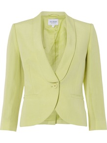 Ariadne Jacket, Lemon - pattern: plain; style: single breasted blazer; collar: shawl/waterfall; predominant colour: primrose yellow; occasions: casual, work, occasion; length: standard; fit: tailored/fitted; sleeve length: 3/4 length; sleeve style: standard; collar break: medium; pattern type: fabric; pattern size: standard; texture group: other - light to midweight; fibres: viscose/rayon - mix