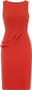 Avedon Dress, Orange - style: shift; neckline: round neck; fit: tailored/fitted; pattern: plain; sleeve style: sleeveless; waist detail: peplum waist detail; predominant colour: bright orange; occasions: evening, work, occasion; length: on the knee; fibres: polyester/polyamide - 100%; sleeve length: sleeveless; texture group: other - light to midweight