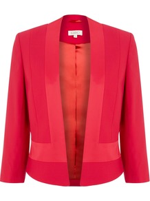 Shocking Pink Bolero, Pink - pattern: plain; style: cropped; collar: shawl/waterfall; length: cropped; predominant colour: coral; occasions: evening, occasion; fit: tailored/fitted; fibres: viscose/rayon - stretch; sleeve length: 3/4 length; sleeve style: standard; texture group: crepes; collar break: low/open; pattern type: fabric