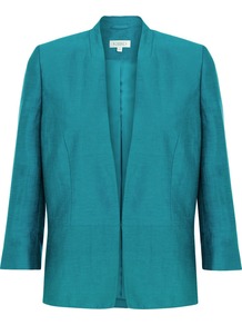 Teal Peplum Jacket, Blue - pattern: plain; style: single breasted blazer; collar: shawl/waterfall; predominant colour: teal; occasions: evening, occasion; length: standard; fit: tailored/fitted; fibres: linen - mix; sleeve length: 3/4 length; sleeve style: standard; texture group: linen; collar break: low/open; pattern type: fabric