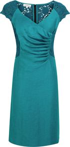 Teal Lace Panel Dress, Blue - style: faux wrap/wrap; neckline: low v-neck; sleeve style: capped; fit: tailored/fitted; pattern: plain; waist detail: twist front waist detail/nipped in at waist on one side/soft pleats/draping/ruching/gathering waist detail; shoulder detail: contrast pattern/fabric at shoulder; predominant colour: dark green; occasions: evening, occasion; length: on the knee; fibres: linen - mix; hip detail: contrast fabric/print detail at hip; sleeve length: short sleeve; texture group: linen; pattern type: fabric; embellishment: lace