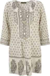 Mina Print Tunic, Multi Coloured - neckline: round neck; bust detail: added detail/embellishment at bust; length: below the bottom; style: kaftan; secondary colour: ivory; predominant colour: light grey; occasions: casual, holiday; fit: loose; sleeve length: 3/4 length; sleeve style: standard; texture group: cotton feel fabrics; pattern type: fabric; pattern size: big & busy; pattern: patterned/print; embellishment: beading; fibres: viscose/rayon - mix