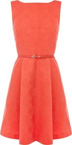 Rita Jacquard Dress, Coral - neckline: slash/boat neckline; pattern: plain; sleeve style: sleeveless; back detail: low cut/open back; waist detail: belted waist/tie at waist/drawstring; predominant colour: coral; occasions: evening, work, occasion; length: just above the knee; fit: fitted at waist & bust; style: fit & flare; fibres: viscose/rayon - 100%; sleeve length: sleeveless; pattern type: fabric; texture group: brocade/jacquard