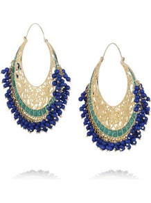 Moon Bali Gold Plated Hoop Earrings - predominant colour: royal blue; secondary colour: gold; occasions: casual, evening, occasion, holiday; style: hoop; length: long; size: large/oversized; material: chain/metal; fastening: pierced; finish: plain; embellishment: beading