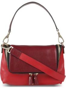 Two Tone Cross Body Bag - predominant colour: true red; secondary colour: burgundy; occasions: casual, evening; type of pattern: standard; style: shoulder; length: shoulder (tucks under arm); size: small; material: leather; finish: plain; pattern: colourblock