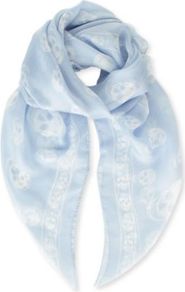 Skull Print Silk Chiffon Scarf - secondary colour: white; predominant colour: pale blue; occasions: casual, evening, work, occasion; type of pattern: heavy; style: regular; size: standard; material: silk; trends: modern geometrics; pattern: patterned/print