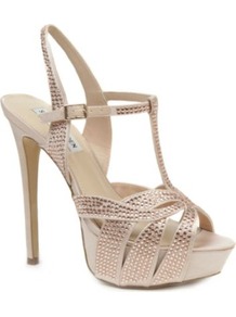 Ally Diamant Embellished Satin Sandals - predominant colour: champagne; occasions: evening, occasion; material: satin; embellishment: crystals; ankle detail: ankle strap; heel: platform; toe: open toe/peeptoe; style: strappy; finish: plain; pattern: plain; heel height: very high