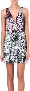 Oblixe Dress - style: faux wrap/wrap; length: mid thigh; neckline: low v-neck; fit: fitted at waist; sleeve style: sleeveless; waist detail: belted waist/tie at waist/drawstring; occasions: evening, occasion, holiday; fibres: silk - 100%; predominant colour: multicoloured; sleeve length: sleeveless; texture group: knits/crochet; pattern type: knitted - fine stitch; pattern size: standard; pattern: animal print