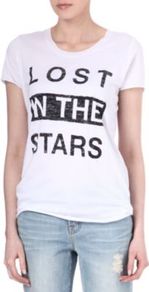 Lost In The Stars T Shirt - neckline: round neck; style: t-shirt; predominant colour: white; secondary colour: black; occasions: casual, holiday; length: standard; fibres: cotton - mix; fit: body skimming; bust detail: contrast pattern/fabric/detail at bust; sleeve length: short sleeve; sleeve style: standard; trends: statement prints; pattern type: fabric; pattern size: standard; pattern: patterned/print; texture group: jersey - stretchy/drapey