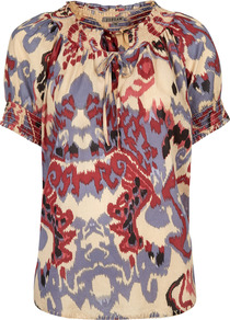 Ikat Print Top - sleeve style: puffed; neckline: high neck; secondary colour: terracotta; occasions: casual, evening, work, holiday; length: standard; style: top; fibres: cotton - 100%; fit: straight cut; predominant colour: multicoloured; sleeve length: short sleeve; texture group: cotton feel fabrics; pattern type: fabric; pattern size: big & busy; pattern: patterned/print