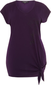 Scarlett & Jo Purple Side Knot Floral Jersey Tunic - neckline: v-neck; pattern: plain; length: below the bottom; style: t-shirt; waist detail: twist front waist detail/nipped in at waist on one side/soft pleats/draping/ruching/gathering waist detail; predominant colour: aubergine; secondary colour: black; occasions: casual, work, holiday; fibres: polyester/polyamide - mix; fit: body skimming; bust detail: contrast pattern/fabric/detail at bust; sleeve length: short sleeve; sleeve style: standard; hip detail: ruffles/tiers/tie detail at hip; pattern type: fabric; pattern size: light/subtle; texture group: jersey - stretchy/drapey
